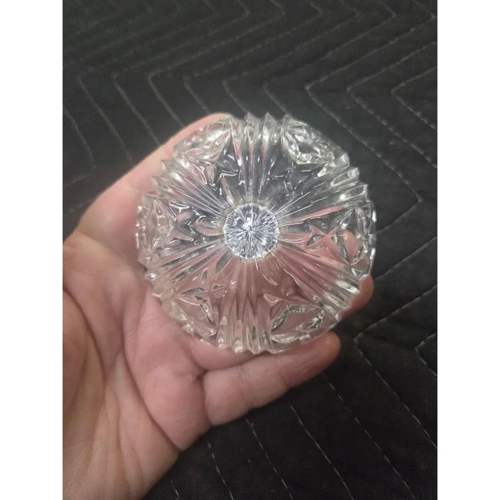 Vintage Clear Cut Glass Ring Holder Dish Starburst Pattern Round Jewelry Tray